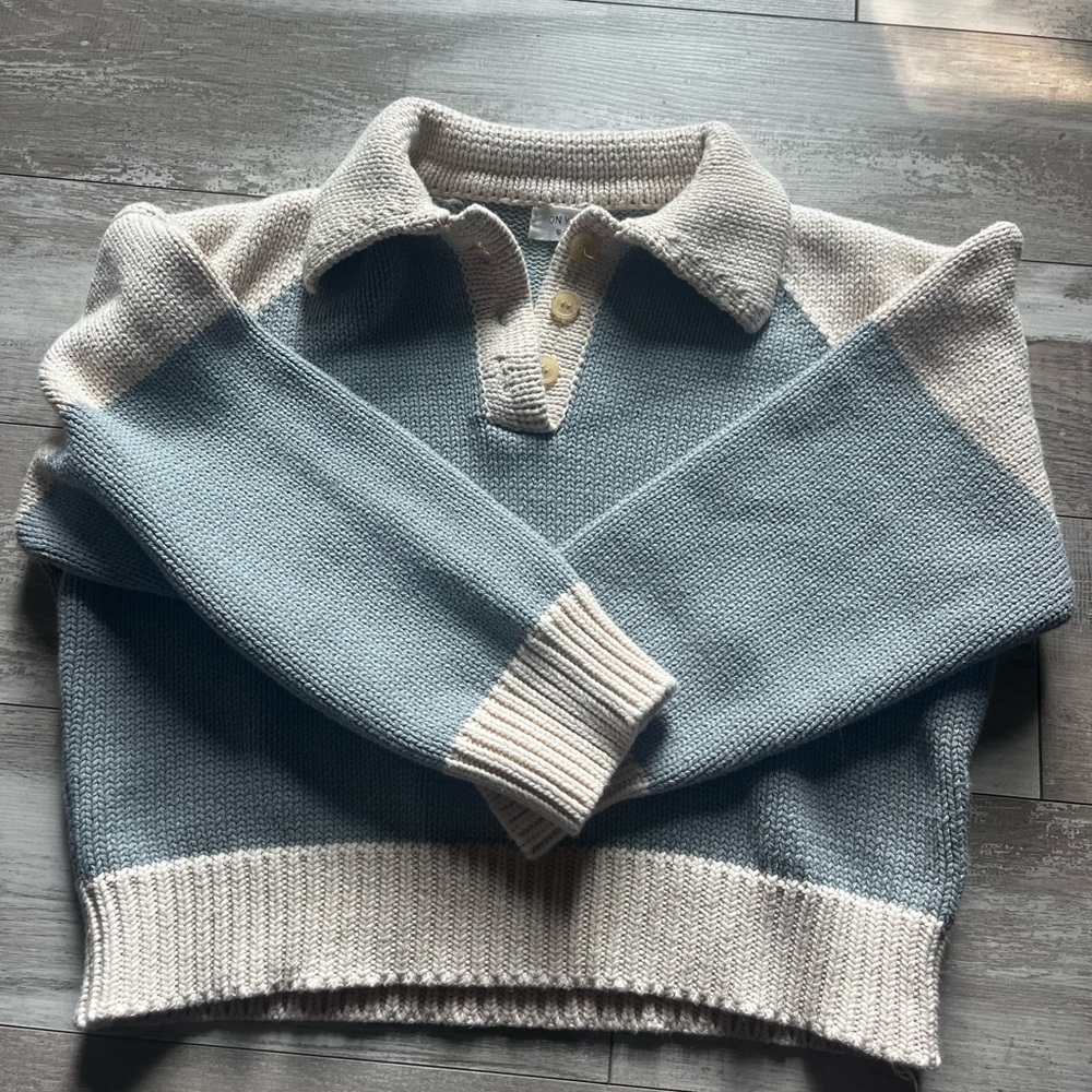 On You sweater,Small in woman’s. Light blue with a off white almost tan color.